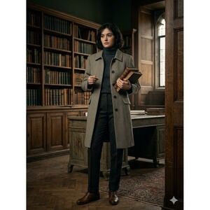 Sandra Herringbone Longline Car Coat Black Tan Hidden Button VTG Dark Academia